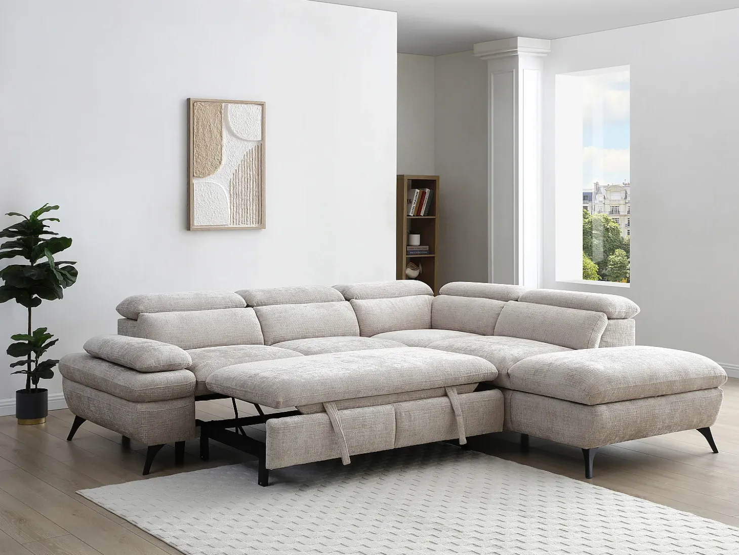 Sofá rinconera derecha en tela texturizada beige con almacenamiento oculto SURDELI