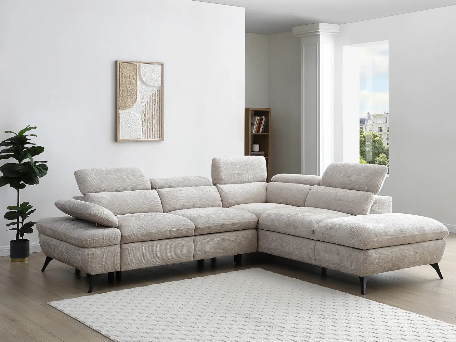 Sofá rinconera derecha en tela texturizada beige con almacenamiento oculto SURDELI