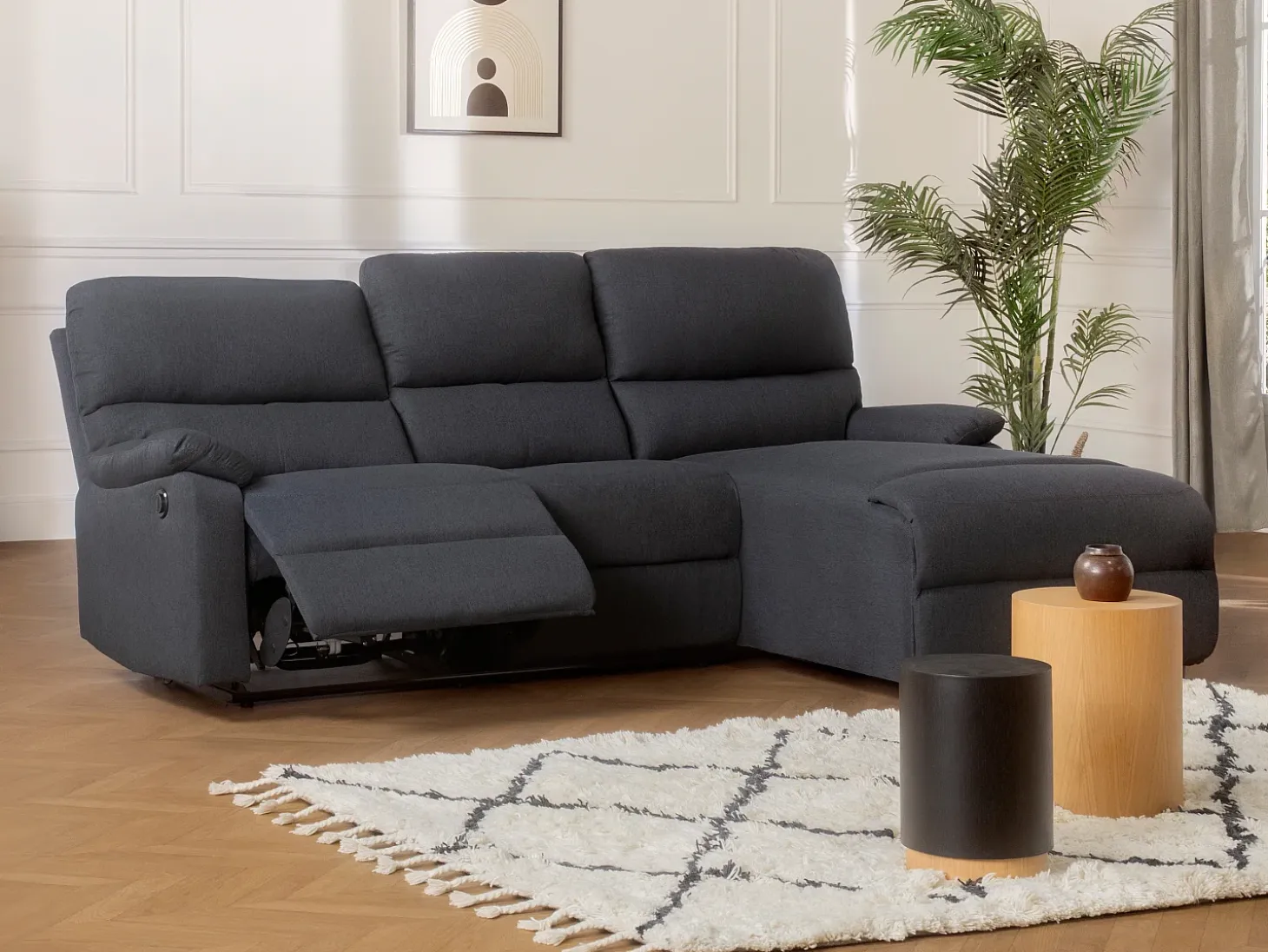 Sofá rinconera derecha relax eléctrico de tela antracita LUNANO