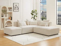 sofá rinconera derecha y puf en pana beige MECODI