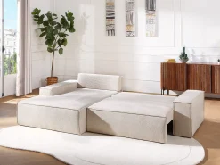 Sofá rinconera izquierda convertible en textura de tela beige AMELIA