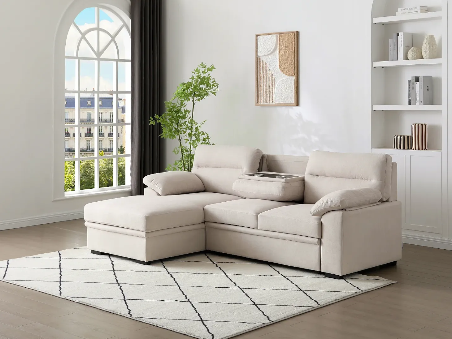 Sofá rinconera izquierda convertible de tela beige ULENIO