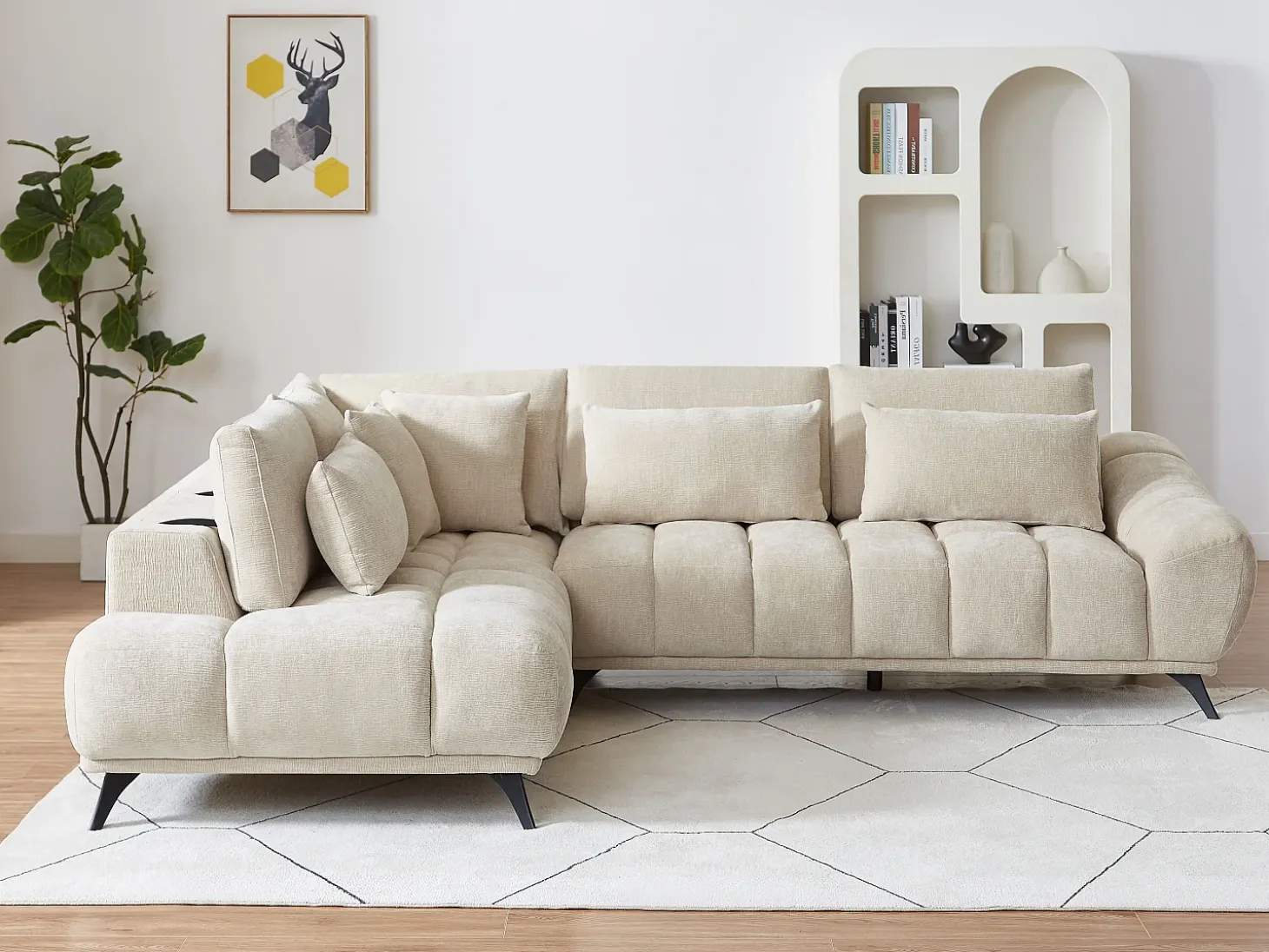 Sofá rinconera izquierda con respaldo reclinable en terciopelo texturizado beige MAVIRO