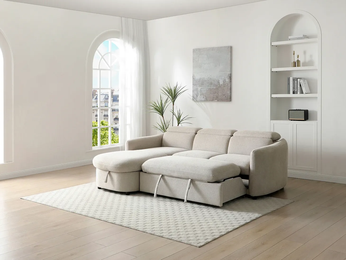 Sofá rinconera izquierda convertible de tela beige RAVIELA