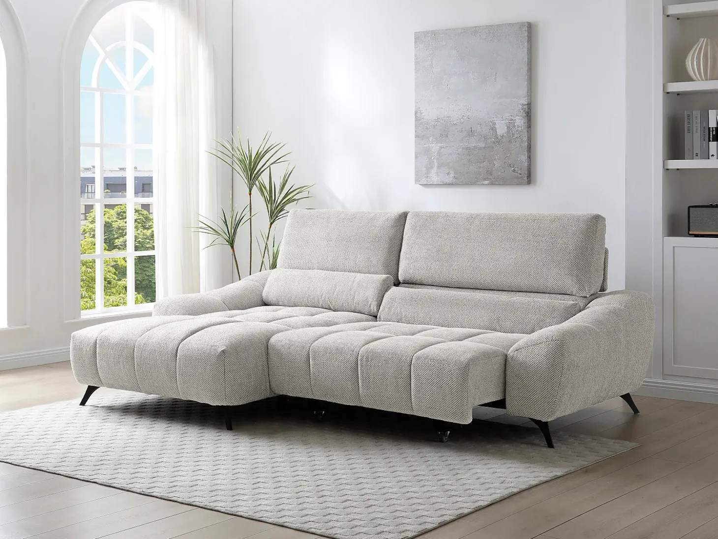 Sofá rinconera izquierda relax con asiento deslizante en tela beige ELOSIA