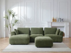 Sofá rinconera izquierda y puf de tela verde TINDRALO
