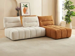 Sofá rinconera modular con respaldo avanzado-retrocedido en tela beige y terracota APOLIU