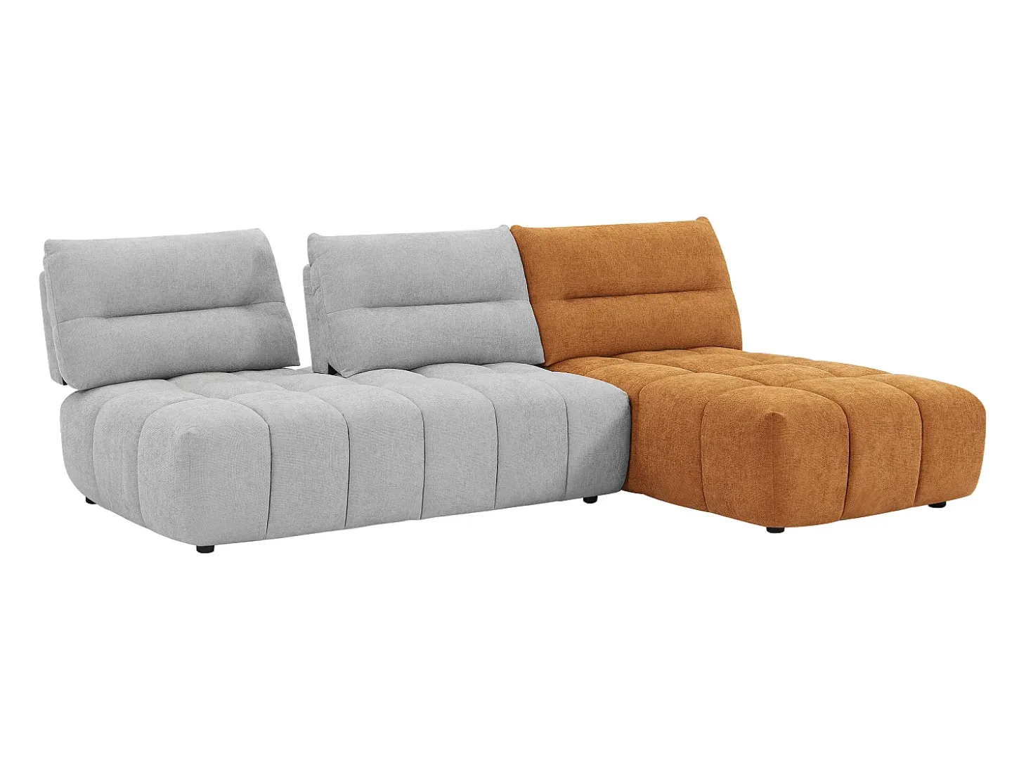Sofá rinconera modular con respaldo desplazable en tejido gris claro y terracota APOLIU