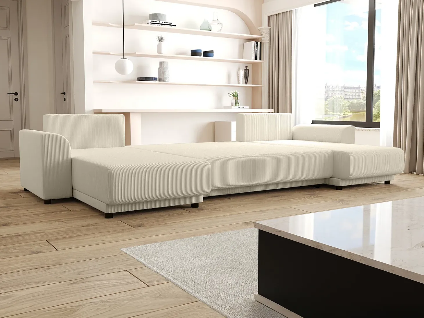 Sofá rinconera panorámico de pana beige acanalado NESSARO