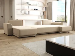 Sofá rinconera panorámico de tela beige NESSARO