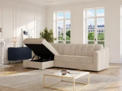 Sofá rinconera reversible de apertura rápida de tela beige colchón de 14 cm DARIELO