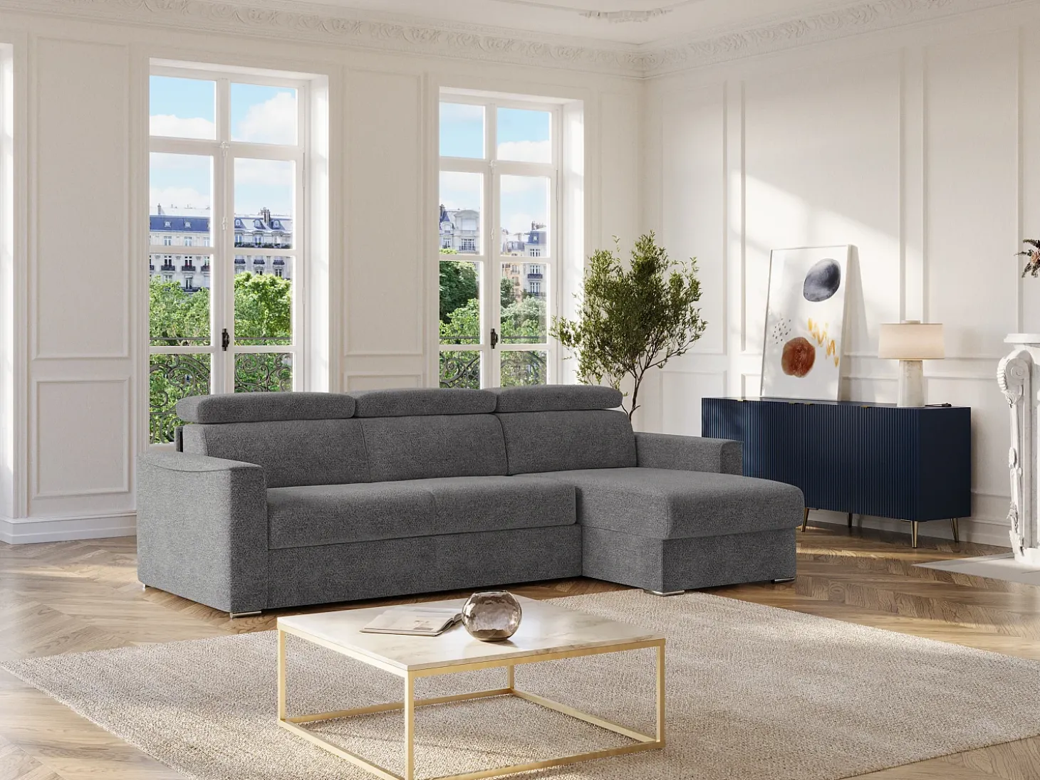 Sofá rinconera reversible convertible tipo italiano en tela gris - Cama 160 cm VIZIR