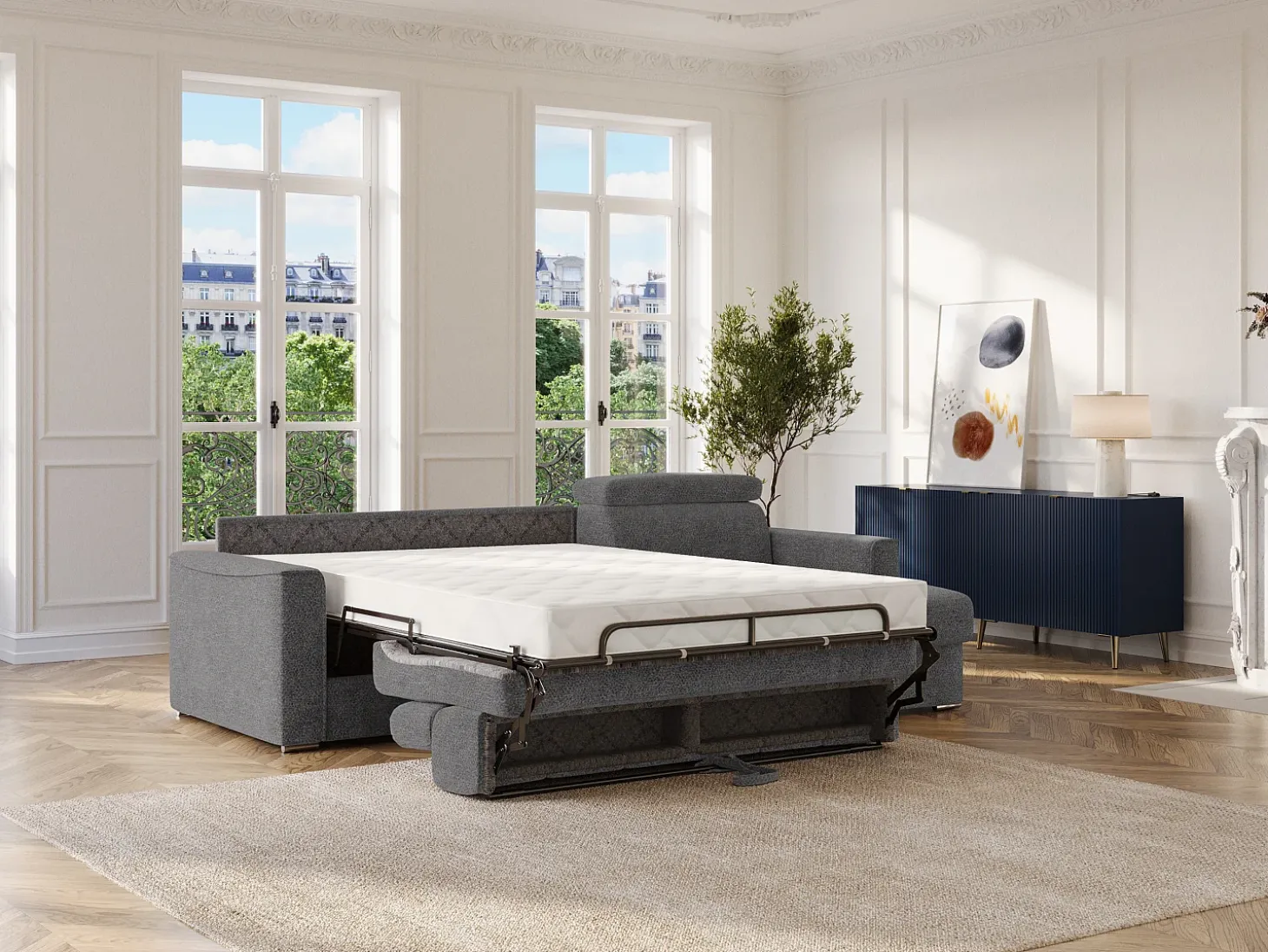 Sofá rinconera reversible convertible tipo italiano en tela gris - Cama 160 cm VIZIR