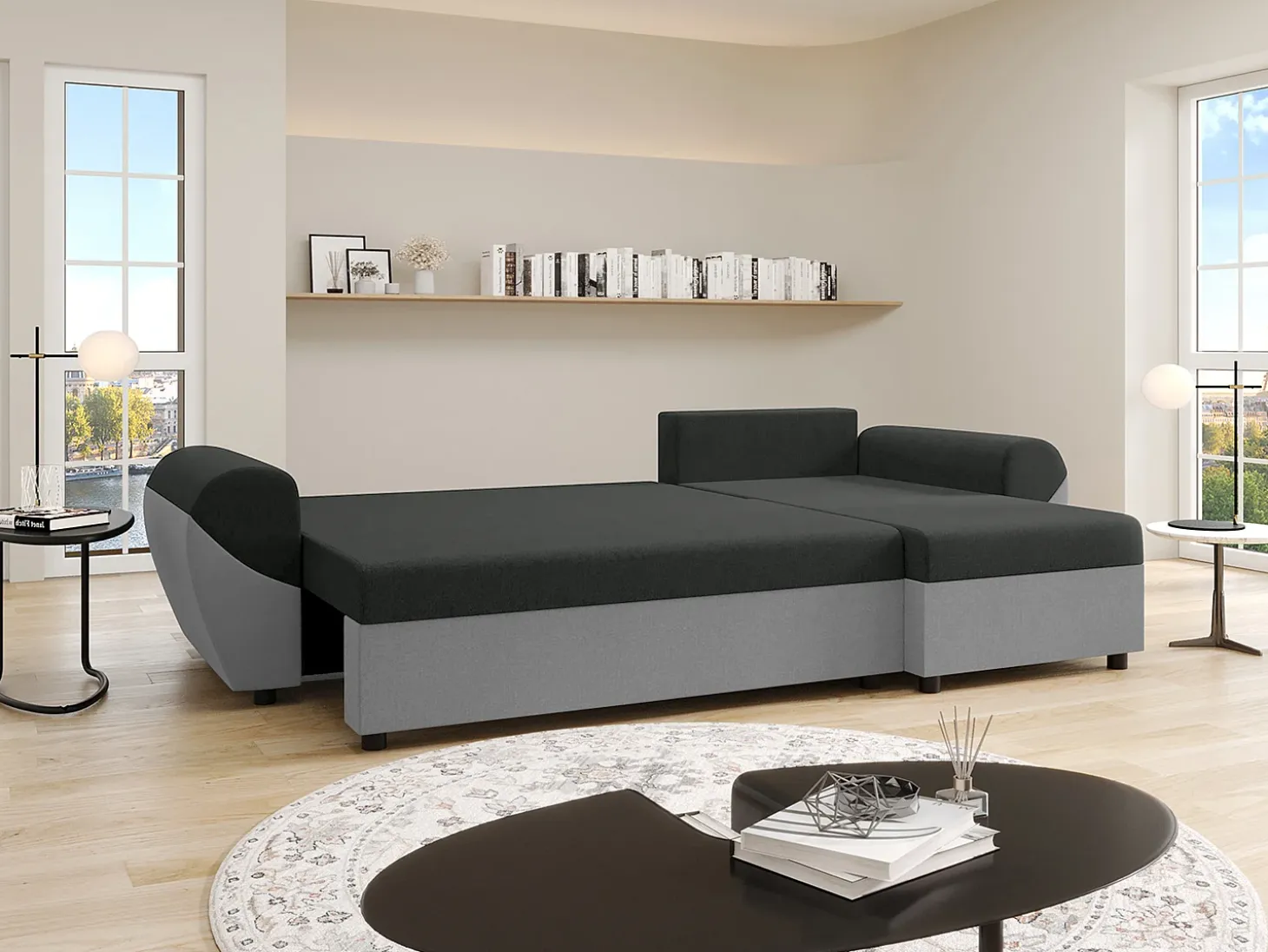 Sofá rinconera reversible de tela negra y gris LIERNO