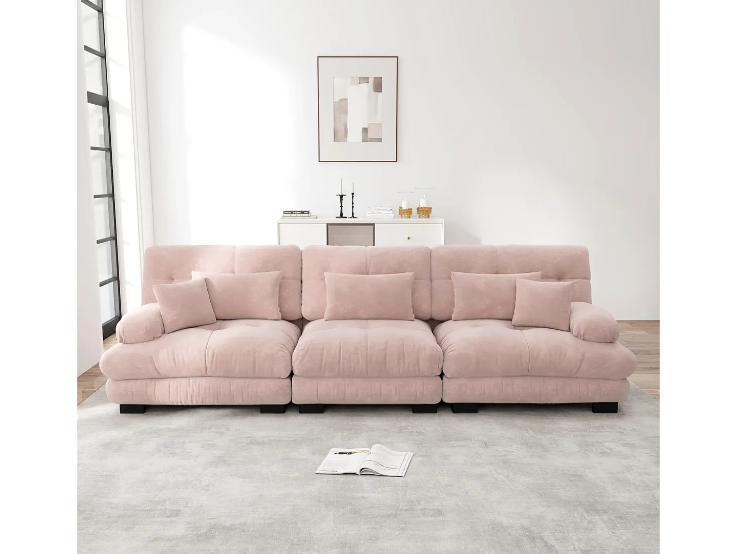 Sofá rosa de 3 plazas - Sofá recto con 3 cojines lumbares y 3 cojines decorativos - chenilla