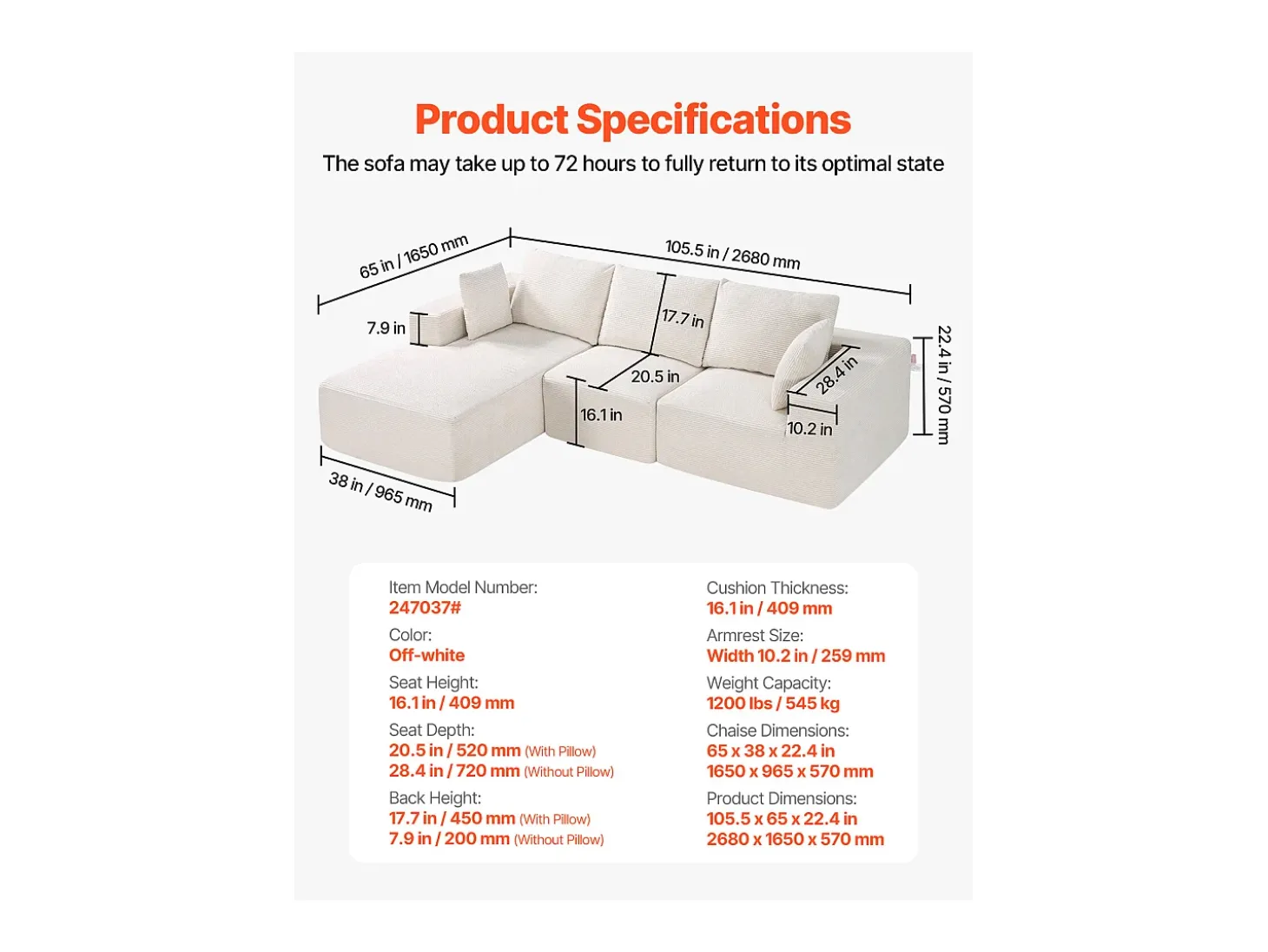 Sofá Seccional Modular SucceBuy en Forma de L con Chaise Longue y Cojín Beige