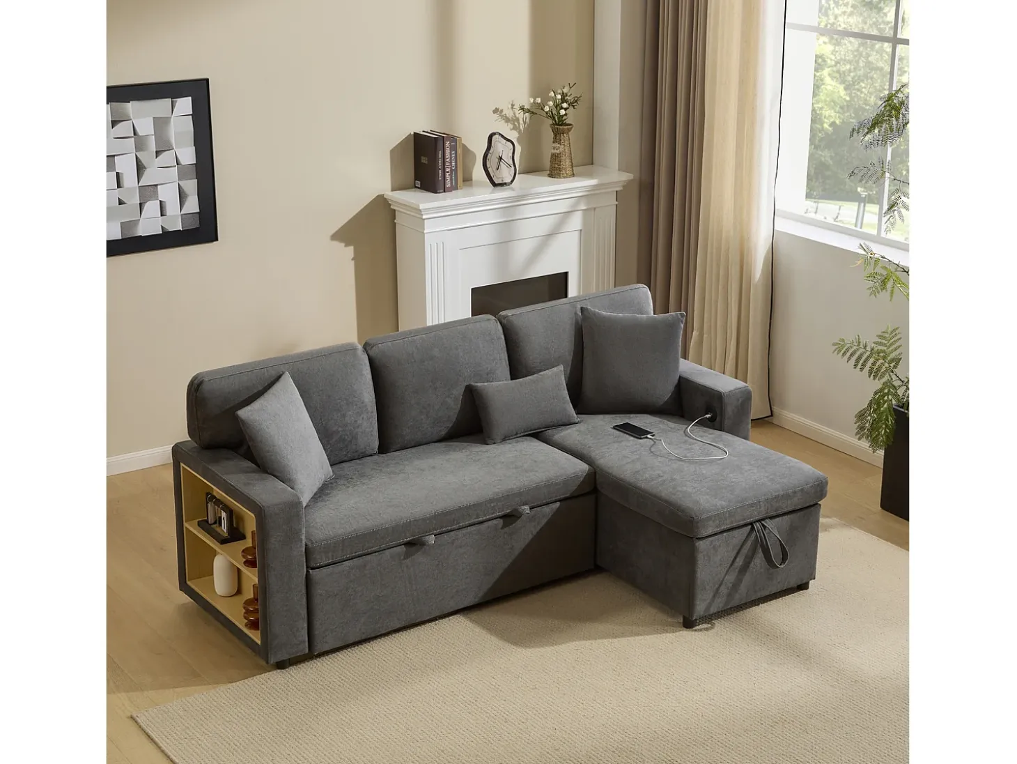 Sofá 215x133x85 cm - con puerto USB - con almacenamiento - con función de cama - gris