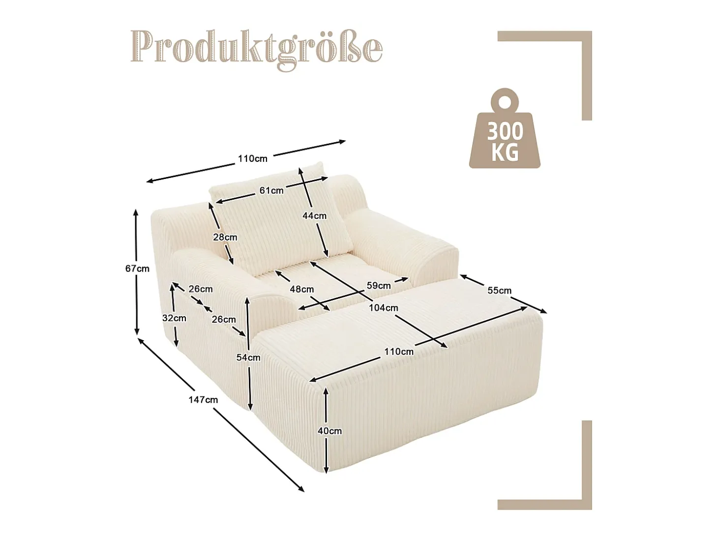 Sofá 147x110x67cm Bolsillos laterales Espuma de alta densidad Pana Beige