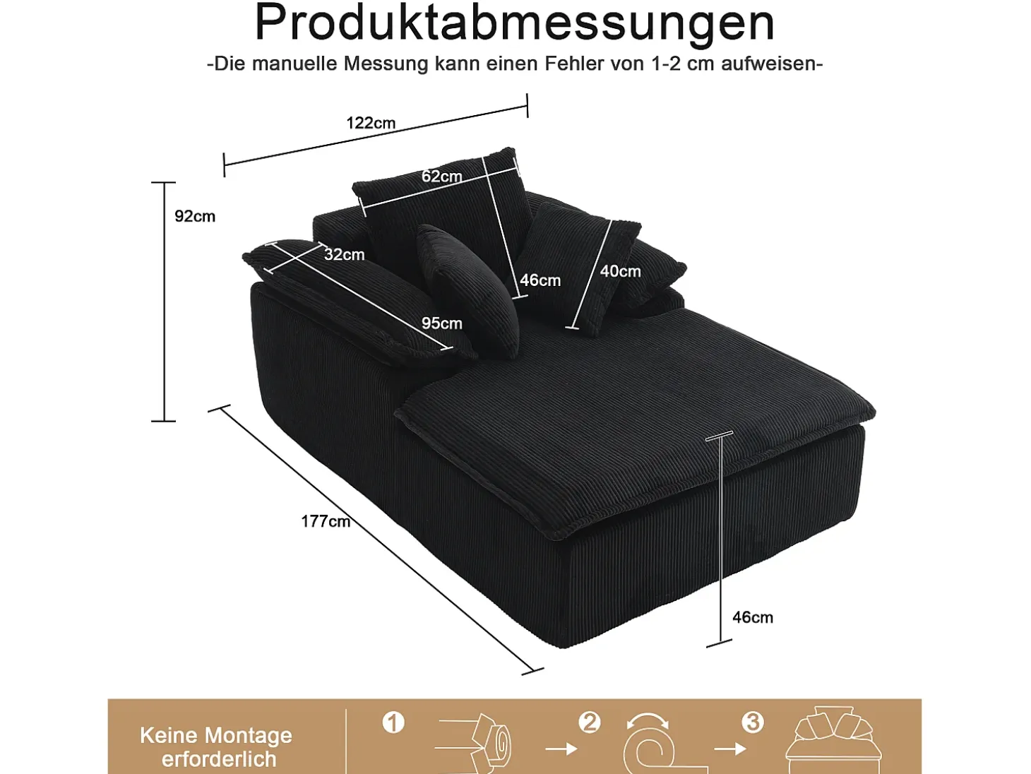 Sofá 177x122x92cm diseño sin armazon listo para usar espuma alta densidad pana Negro