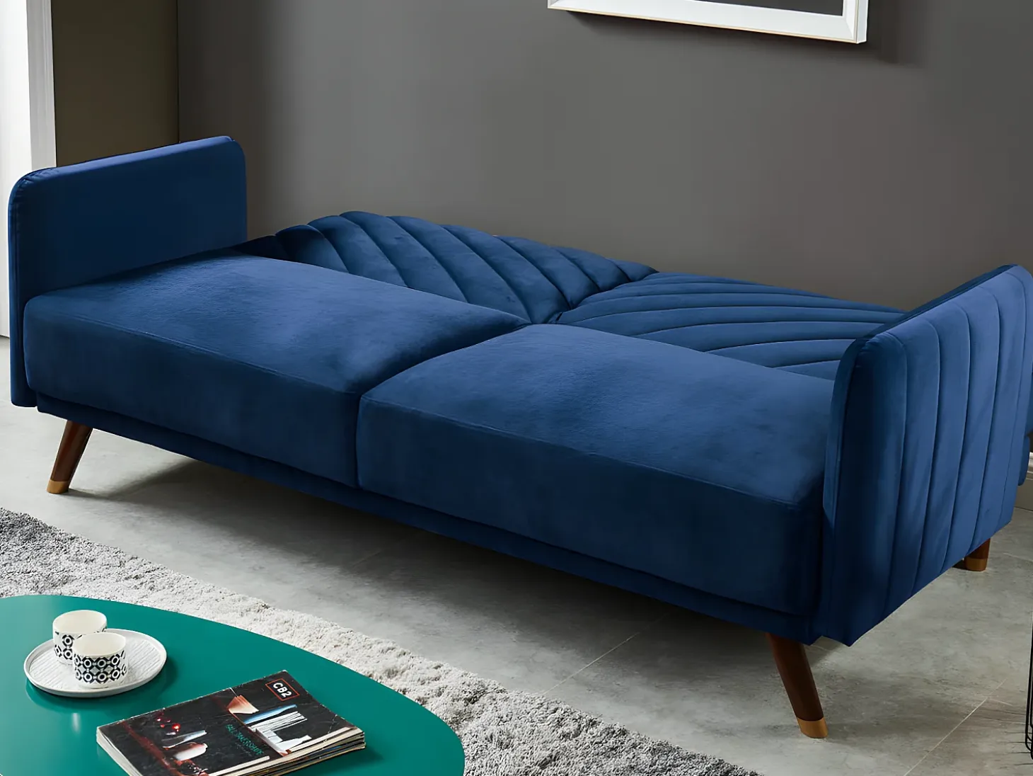Sofá-cama 3 plazas tipo clic-clac de terciopelo azul JORIS