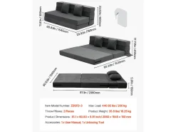 Sofá-Cama Plegable SucceBuy, 3 en 1 con 2 Almohadas, Gris Oscuro, Queen