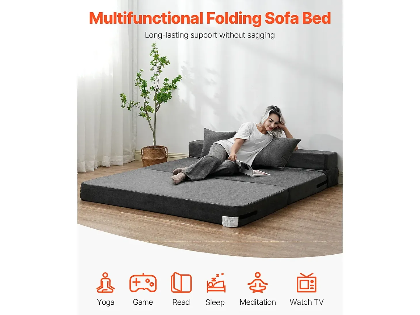Sofá-Cama Plegable SucceBuy, 3 en 1 con 2 Almohadas, Gris Oscuro, Queen