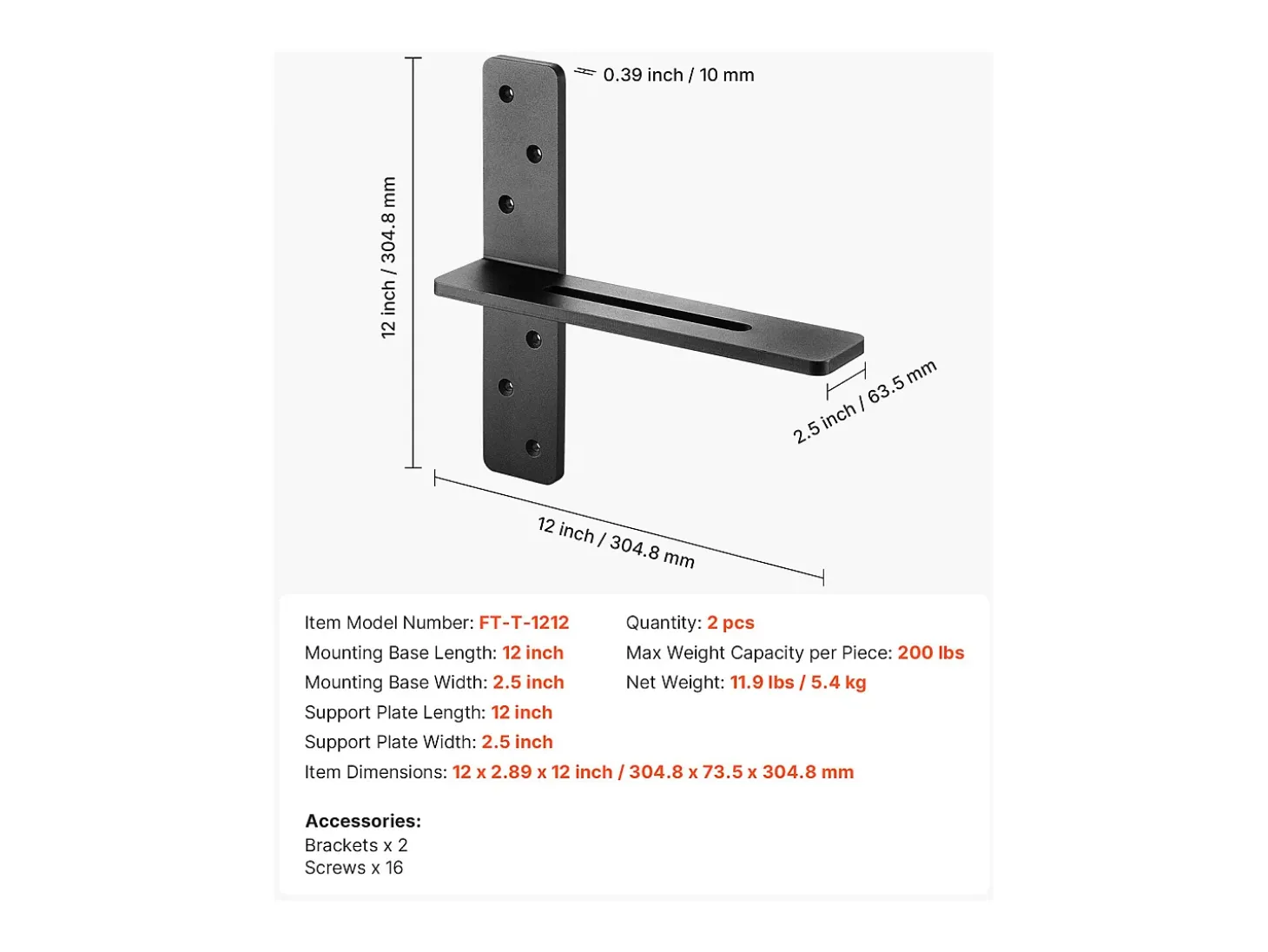 Soporte de Estante Flotante SucceBuy, 30.48x7.35x30.48 cm, Soportes de Pared Invisibles en T Robustos, Lote de 2, Capacidad de Carga 90 kg, con Tornillos