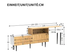 Soporte de TV modular 2 en 1, longitud ajustable, MDF y tablero de partículas, blanco mate con efecto madera, patas de metal negro (240 x 30 x 63,5 cm)