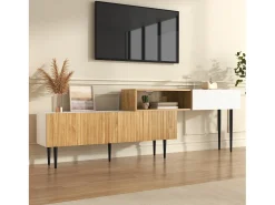 Soporte de TV modular 2 en 1, longitud ajustable, MDF y tablero de partículas, blanco mate con efecto madera, patas de metal negro (240 x 30 x 63,5 cm)