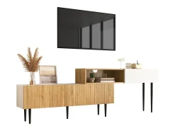 Soporte de TV modular 2 en 1, longitud ajustable, MDF y tablero de partículas, blanco mate con efecto madera, patas de metal negro (240 x 30 x 63,5 cm)