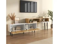 Soporte de TV modular 2 en 1, longitud ajustable, MDF y tablero de partículas, blanco mate con efecto madera, patas de metal negro (240 x 30 x 63,5 cm)