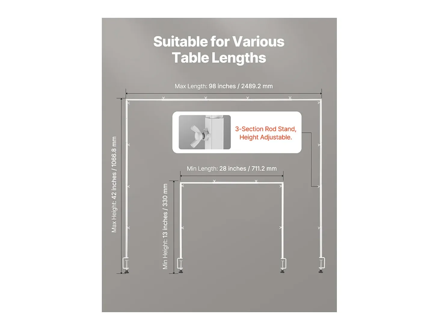 Soporte de Vara de Mesa SucceBuy con Pinzas, Soporte Arco de Mesa, Altura Ajustable 33-106.7 cm Longitud Ajustable 71.1-249 cm, Marco Arco Metal