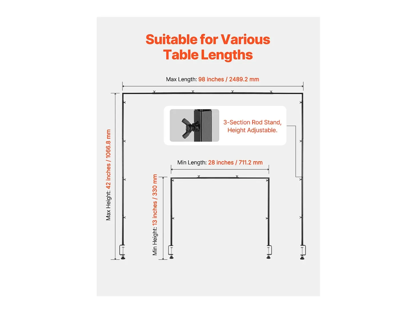 Soporte de Vara de Mesa SucceBuy con Pinzas, Soporte Arco de Mesa, Altura Ajustable 33-107 cm Longitud Ajustable 71.1-249 cm, Marco de Arco Metal