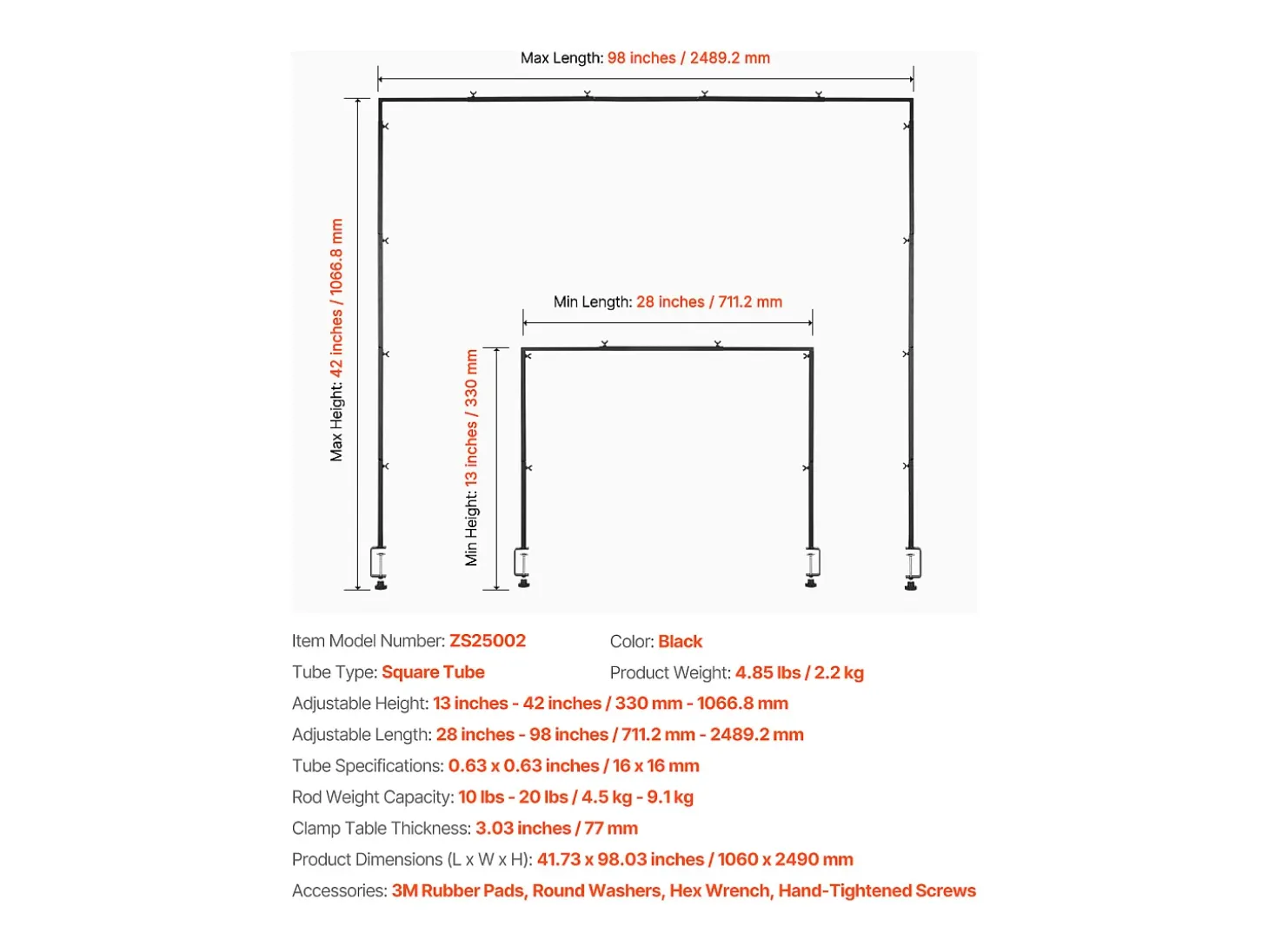 Soporte de Vara de Mesa SucceBuy con Pinzas, Soporte Arco de Mesa, Altura Ajustable 33-107 cm Longitud Ajustable 71.1-249 cm, Marco de Arco Metal