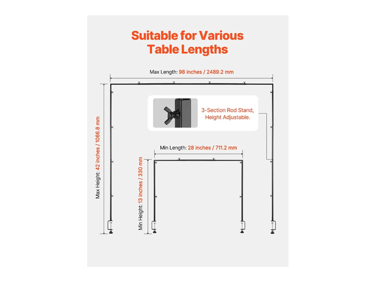 Soporte de Vara de Mesa SucceBuy con Pinzas, Soporte Arco de Mesa, 2 PCS, Altura Ajustable 33-106.7 cm Longitud Ajustable 71.1-249 cm, Marco Arco Metal