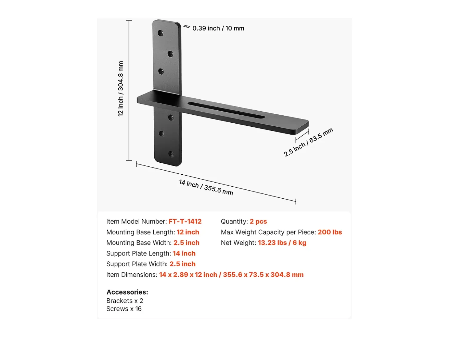 Soportes de Estante en T SucceBuy, Lote de 2, Capacidad de Carga de 90 kg, Dimensiones 35.56x 7.35 x 30.48 cm, Soportes de Estante de Acero Duraderos