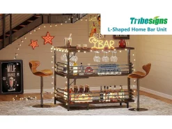 Tabla de bar en forma de L, Tabla de licor de 3 niveles de bistro con estantería para vinos y soporte para vasos de vino, Marrón rústico
