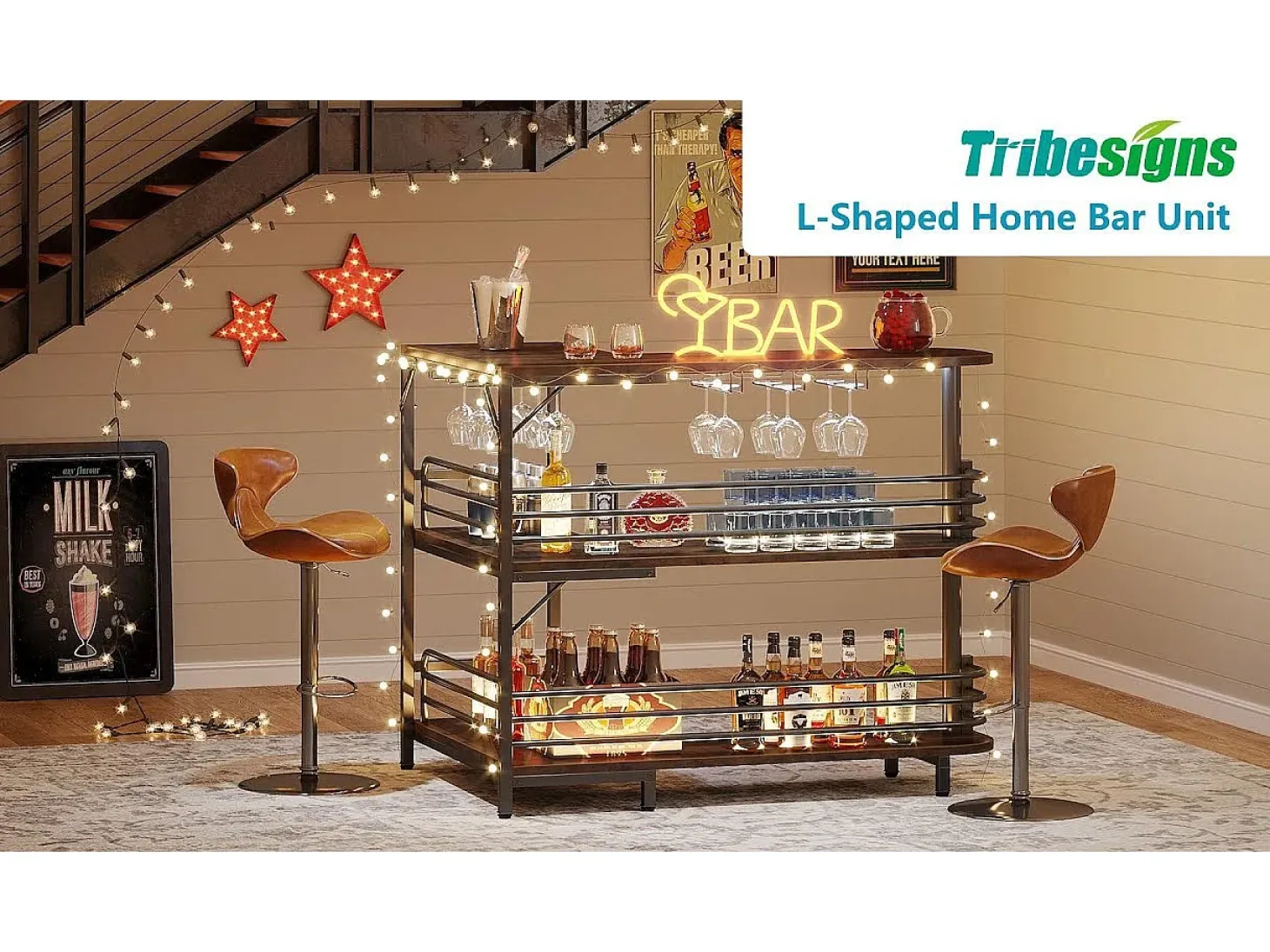 Tabla de bar en forma de L, Tabla de licor de 3 niveles de bistro con estantería para vinos y soporte para vasos de vino, Marrón rústico