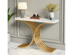 Tabla de consola estrecha, mesa auxiliar con estructura de metal dorado, 100 x 30 x 80 cm, pequeña mesa de exposición