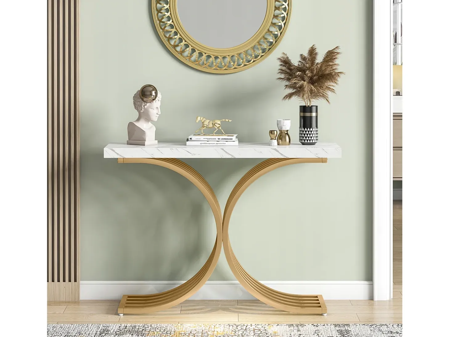 Tabla de consola estrecha, mesa auxiliar con estructura de metal dorado, 100 x 30 x 80 cm, pequeña mesa de exposición