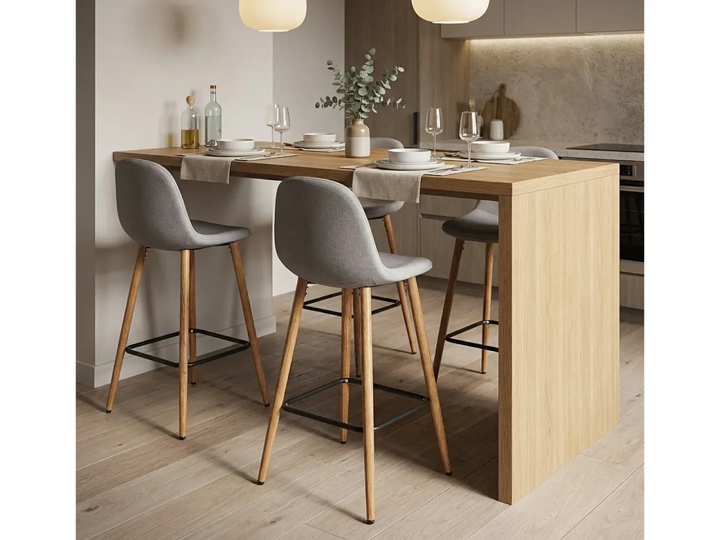 Taburete alto de bar cocina estilo nórdico en tela con respaldo Shona - Gris claro