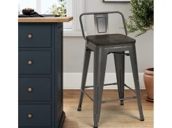 taburete alto de diseño industrial de metal y madera, para barra y cocina steel wood top - Gris Oscuro