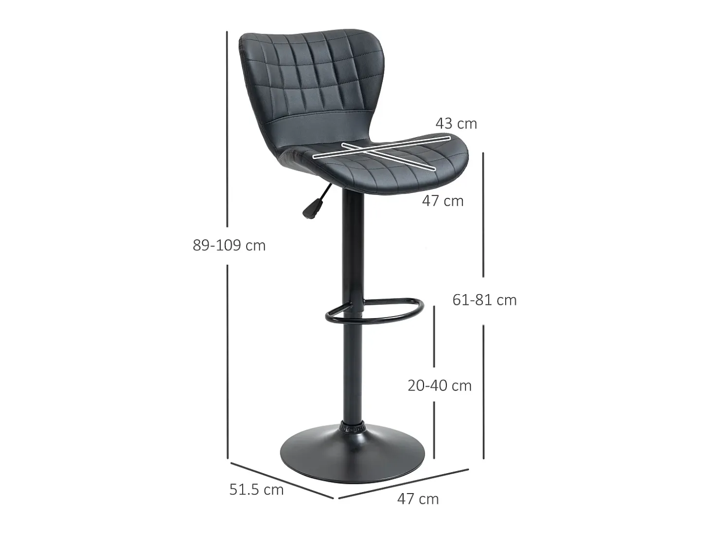 Taburete de bar ajustable, giratorio 360°, piel sintética negra, estructura de metal, diseño retro (47x51,5x89-109cm)