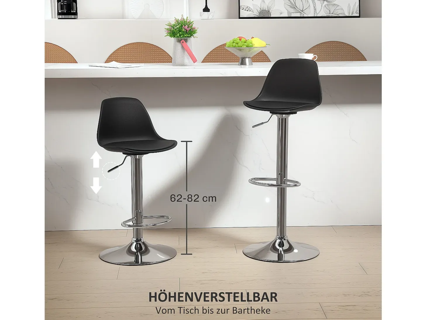 Taburete de bar con respaldo, regulable en altura, patas de metal, piel sintética, color negro (42x38x82-104 cm)