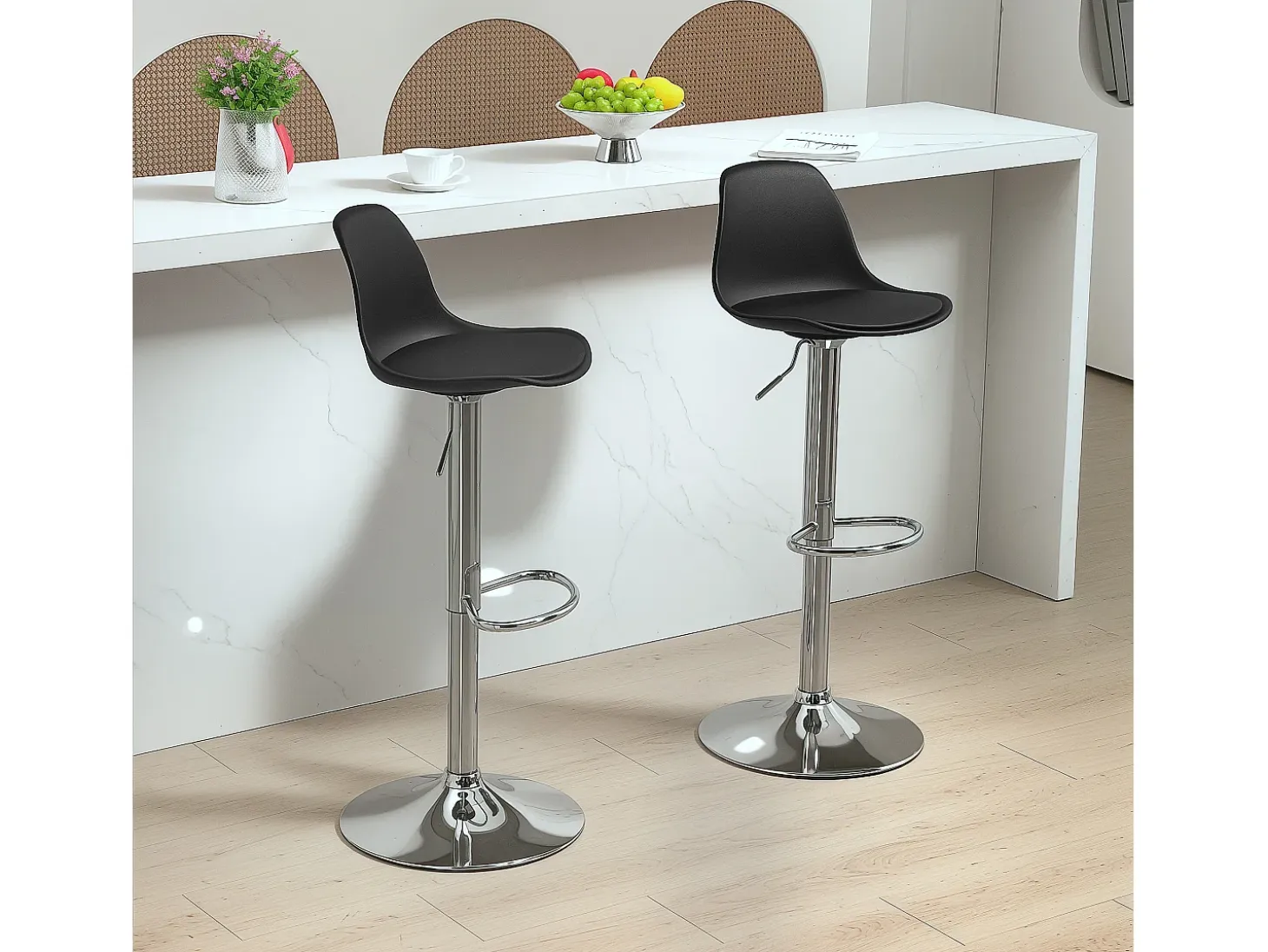 Taburete de bar con respaldo, regulable en altura, patas de metal, piel sintética, color negro (42x38x82-104 cm)