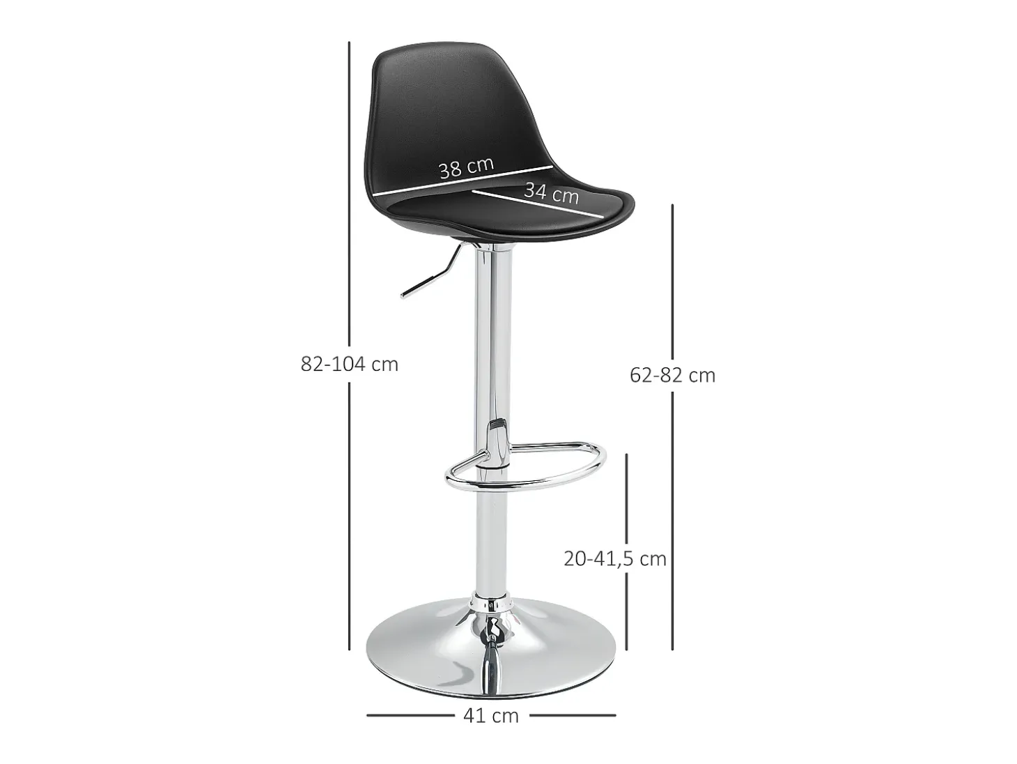 Taburete de bar con respaldo, regulable en altura, patas de metal, piel sintética, color negro (42x38x82-104 cm)