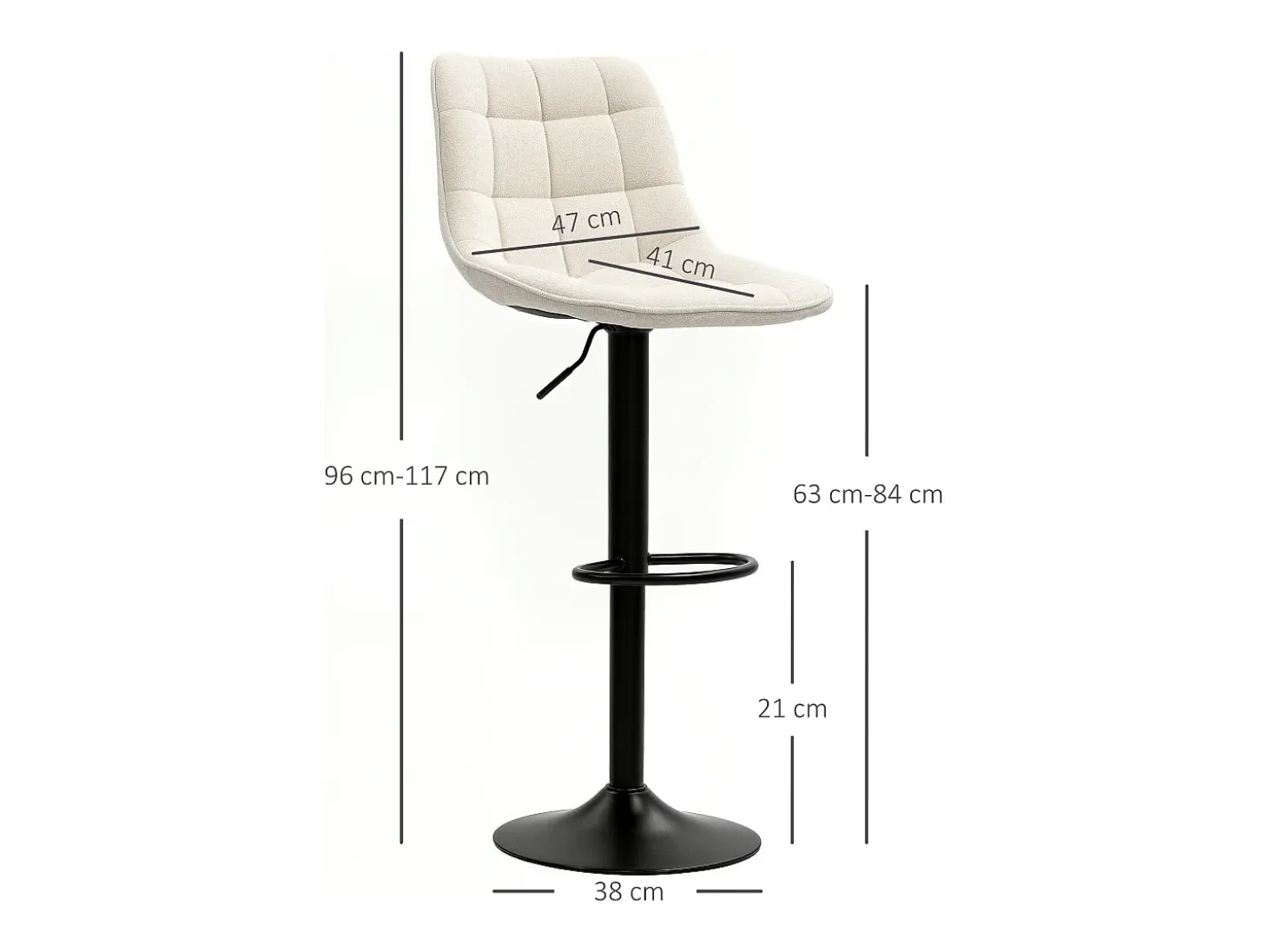 Taburete de bar de 2 piezas, asiento tapizado con respaldo, estructura de acero, tejido chenilla, con reposapiés y rotación de 360°, beige (53x47x117 cm)