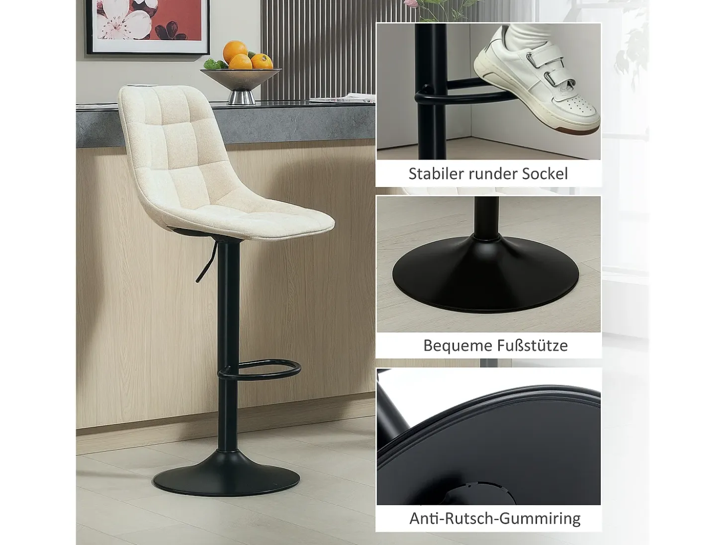 Taburete de bar de 2 piezas, asiento tapizado con respaldo, estructura de acero, tejido chenilla, con reposapiés y rotación de 360°, beige (53x47x117 cm)