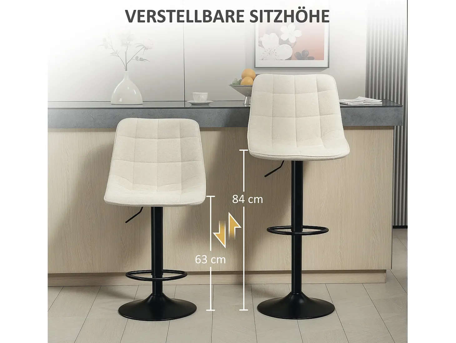 Taburete de bar de 2 piezas, asiento tapizado con respaldo, estructura de acero, tejido chenilla, con reposapiés y rotación de 360°, beige (53x47x117 cm)