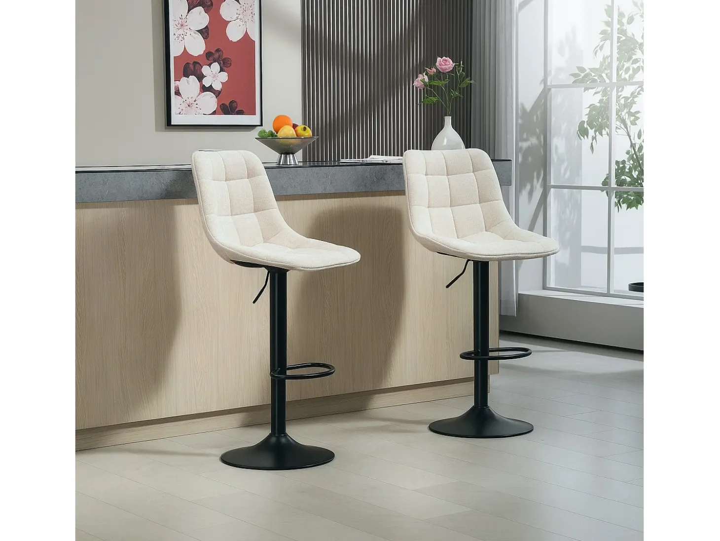 Taburete de bar de 2 piezas, asiento tapizado con respaldo, estructura de acero, tejido chenilla, con reposapiés y rotación de 360°, beige (53x47x117 cm)